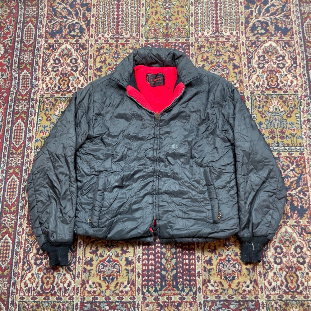 VTG 60s Brent Quilted Geometric Puffer Jacket Black Red Fleece Lined S-M USA